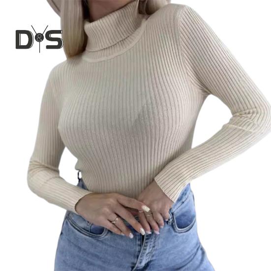 Damski sweter bazowy z wysokim kołnierzem Elastyczna oddychająca tkanina Jednolity kolor Dzianinowy pulower Styl leniwy Długi rękaw Dopasowany sweter