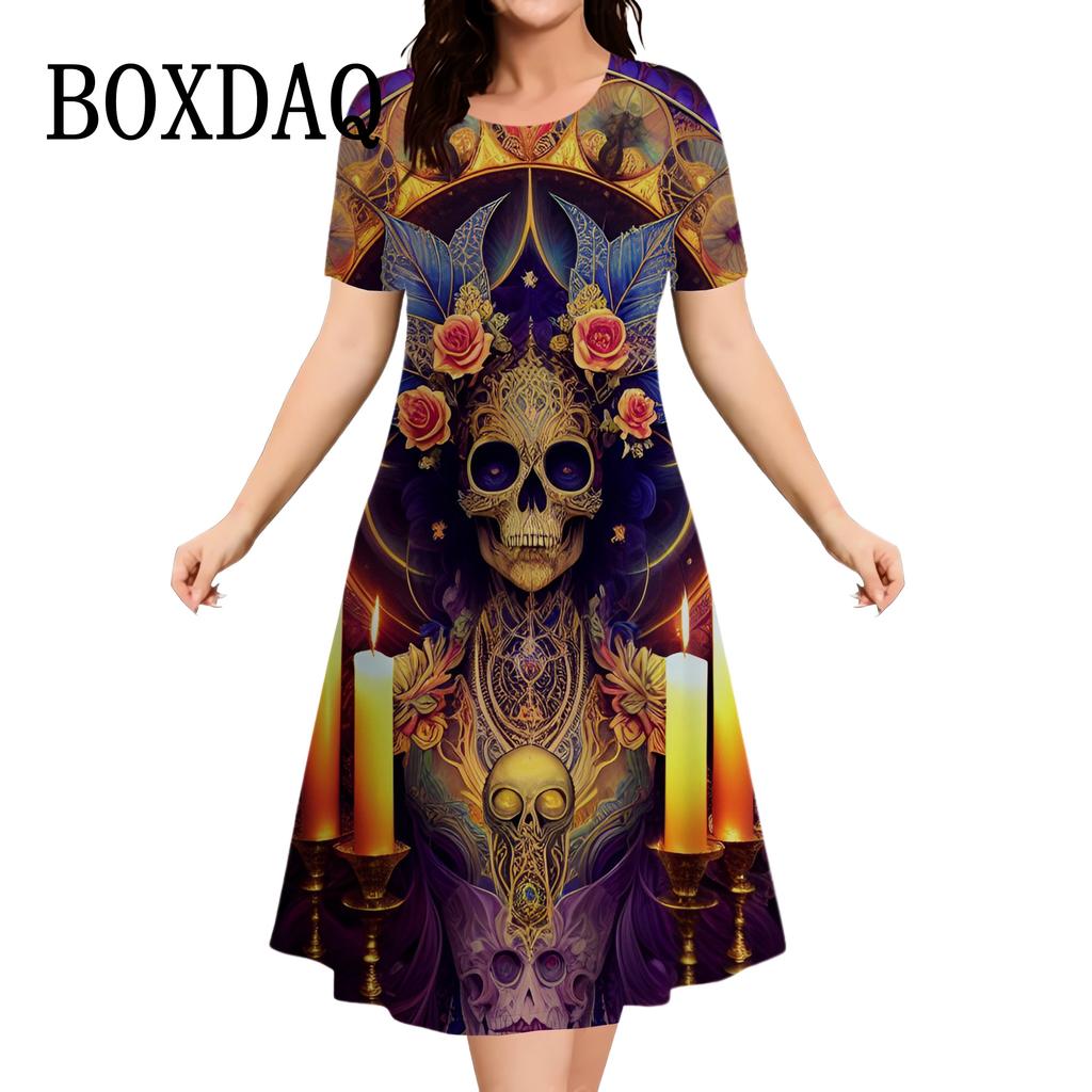 Vintage Skull Women Dress Fashion O-Neck Casual Short Sleeve Dress Summer Female Harajuku Punk Streetwear Clothing