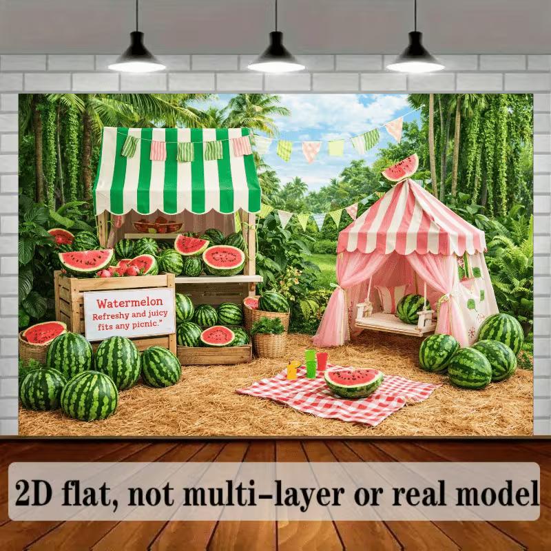 2D Watermelon Summer Backdrop Tropical Jungle Picnic Photography Background for Kids Birthday Party