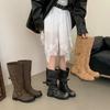 "Fried Street Babes!" Vintage Brown Old Long Knight Boots Women's Thick Heel Medium Boots Tooling Over Knee Boots