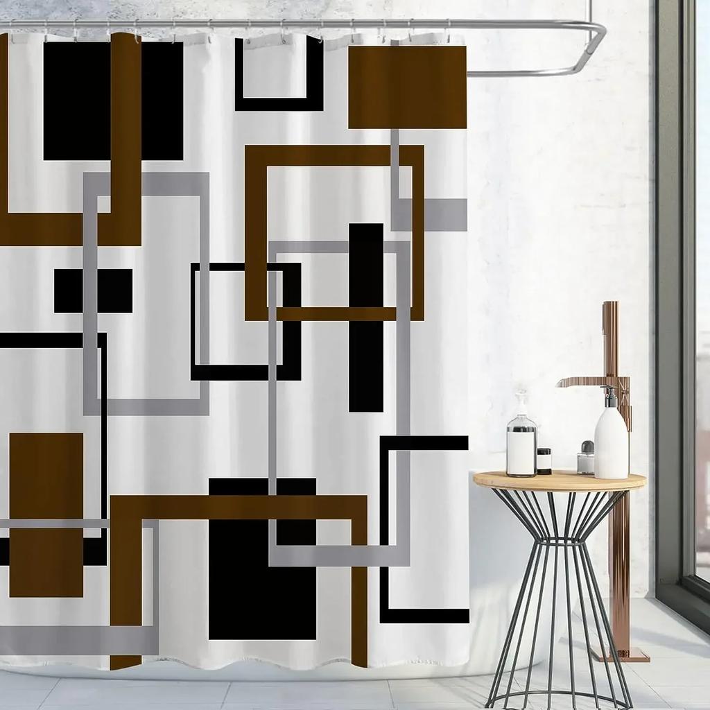 Fabric Geometric Shower Curtain, Mid-Century Modern Geometric Herringbone Chevron Blue Black Gray Square Bathroom Decoration