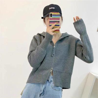 Autumn and Winter Women's Sweater Double Zipper Hooded Sweater Jacket Gentle Wind Thin Temperament Short Knitted Cardigan