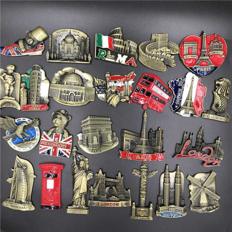 3D Metal Fridge Magnet: USA, England, Italy, Madrid, Dubai, Belgium, India, Israel - High-End Commemorative Collection