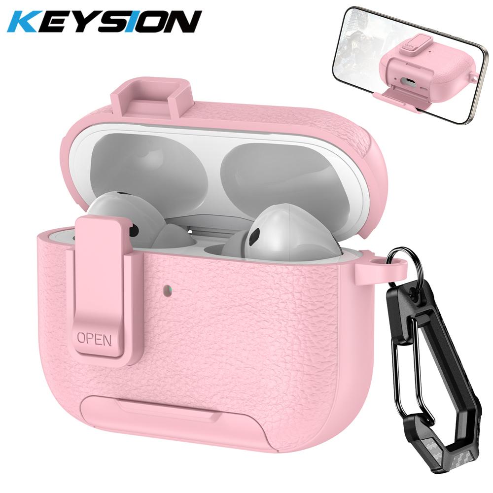 KEYSION with Carabiner Lock Phone Stand Protective Earphone Case for AirPods Pro 3 Pro 2 Soft TPU+PC Shockproof Cover for AirPods 4 3 2 1
