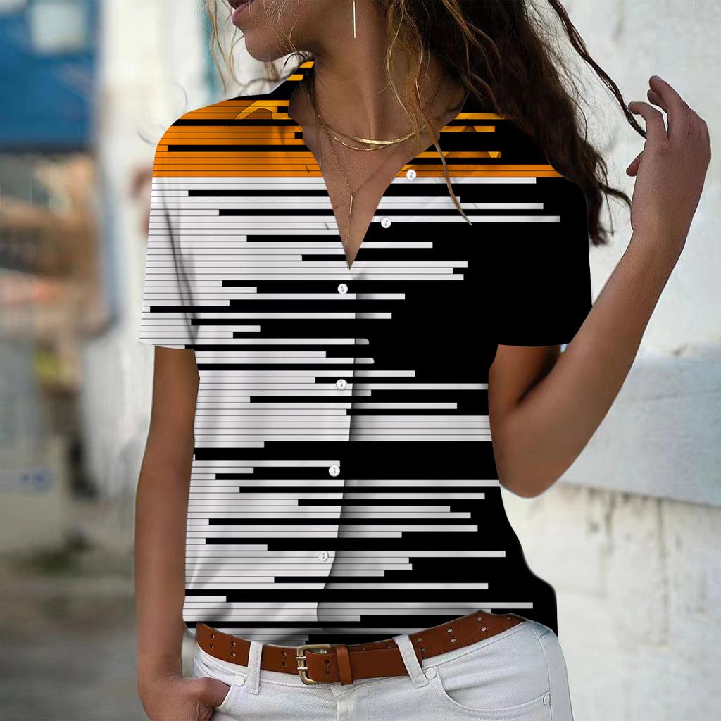 2025 Summer New Fashion Women's Stripe Printed Short Sleeve V-neck Casual Button-down Shirt Top