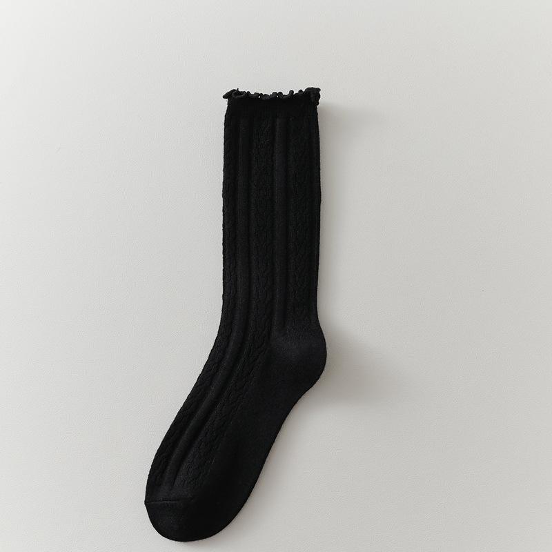 Autumn And Winter Wool Socks Women'S Japanese Retro Relief Curled Edge Medium Tube Stacking Socks Lace Cashmere Women'S Socks