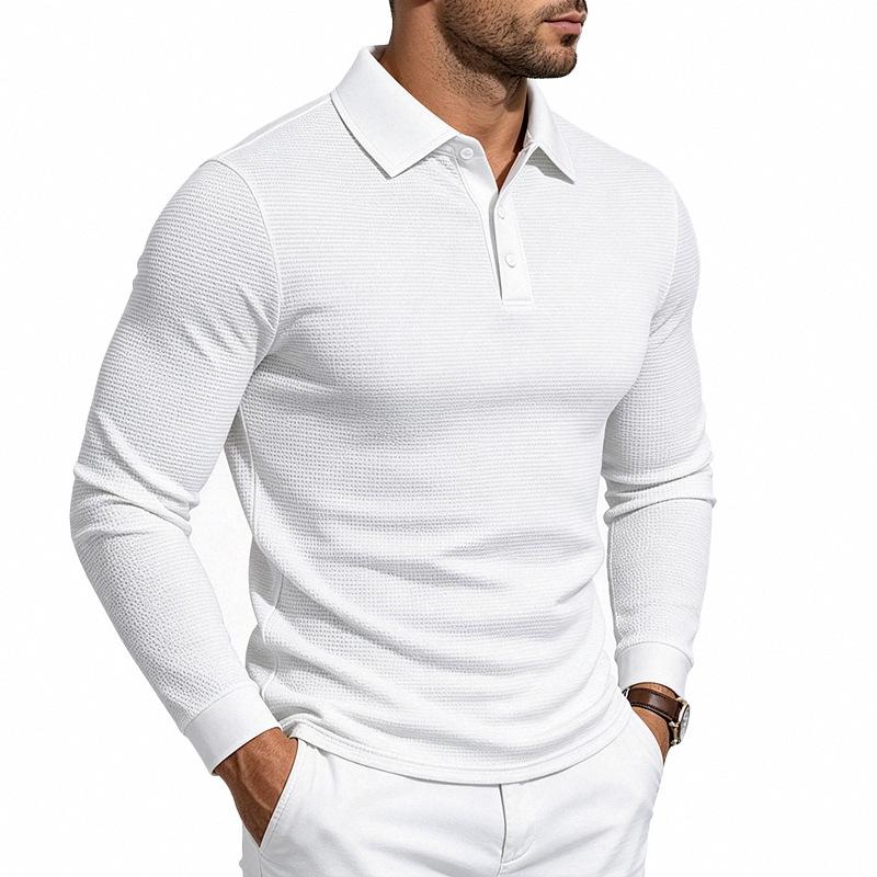 Men S Vintage Casual Waffle Knit Long Sleeve Polo Shirt