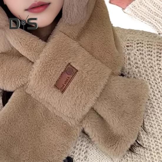 Women Winter Integrated Hat And Scarf Thick Fleece Warm Cartoon Fox Ear Decor Windproof Full Protection Outdoor Travel Cold Weather Snowboarding