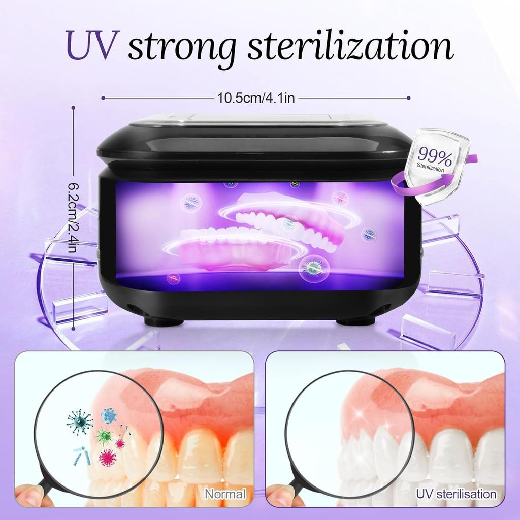 Ultrasonic Cleaning Device for Dentures, 42kHz UV Cleaner, 180 Ml Cleaning Device, Glasses, 2 Modes 180/360 Seconds for Dentures, Aligners