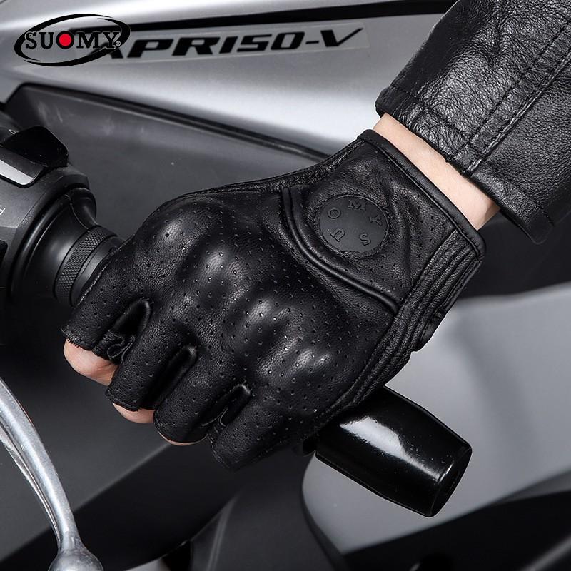 Real Leather Motorcycle Half-Finger Gloves Men Women Breathable Riding Gear With Anti-Slip Palm Ideal Cruiser