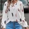 YYFS Women's Fashion Casual Fall Winter Feather Print Long Sleeve V-Neck Blouses & Shirts
