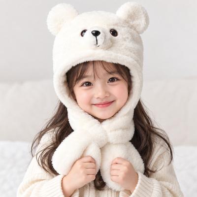 Windproof Fluffy Kids Integrated Scarf Hat Thickening Bear Earmuffs Hat Winter Beanie Hat  Unisex