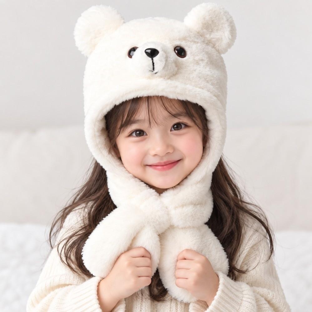 Windproof Fluffy Winter Beanie Hat Soft Bear Earmuffs Hat Cute Kids Integrated Scarf Hat Unisex