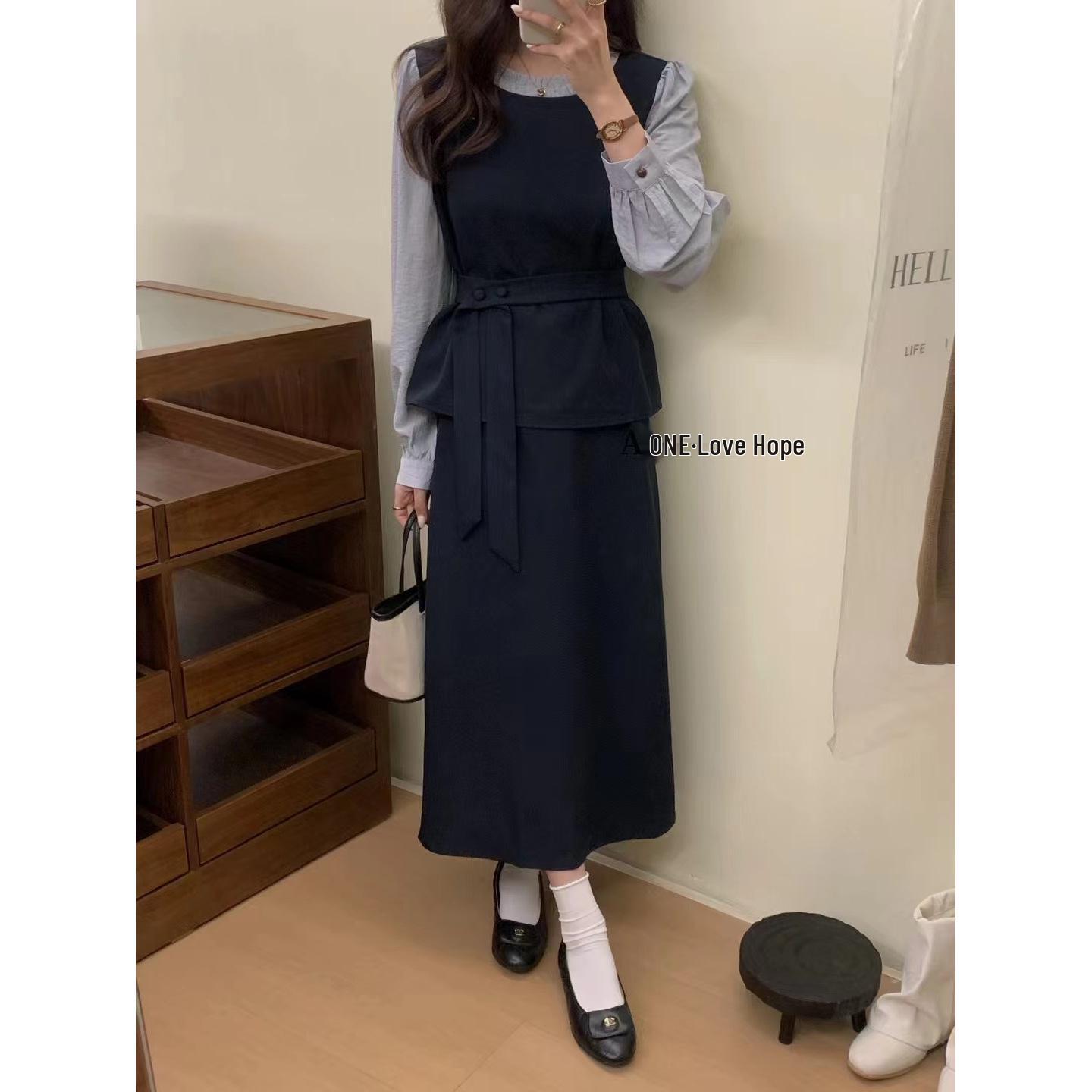 

Женское платье в корейском стиле Thirteen Lines, весеннее, омолаживающее, со шнуровкой на талии, длинное, комплект из двух предметов XL