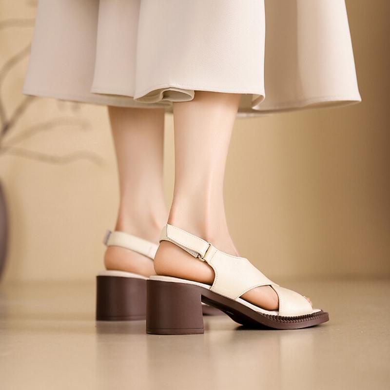 Fashion NEW Summer Women Sandals Genuine Leather Shoes for Women Open Toe Ankle Strap Shoes Round Toe Chunky Heel Shoes Concise Sandals