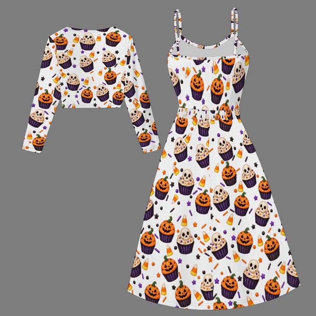Women Plus Size Two Piece Outfit Long Sleeve Cropped Shrug Strappy Tie Waist Halloween Printed White Long Dress