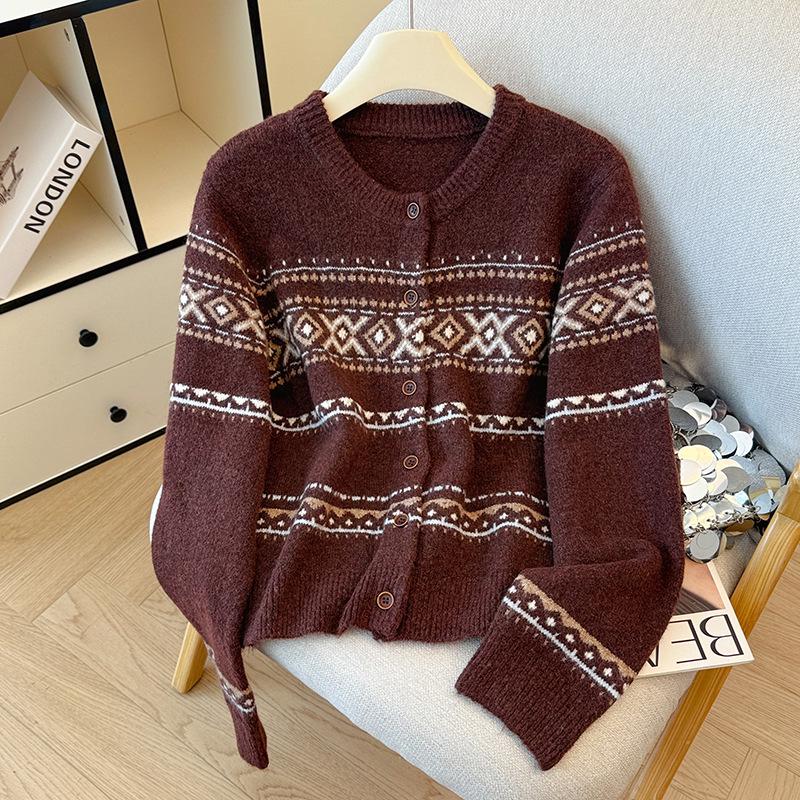 Women's 2026 Autumn/Winter Retro Jacquard Color Block Knitwear Cardigan