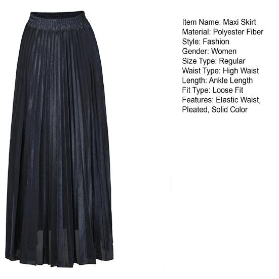 Women Maxi Skirt Elastic High Waist Pleated Golden Long Skirt Slimming Design Spring Summer Skirt Work Leisure Travel Wear