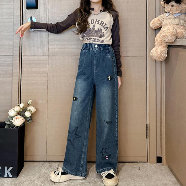Girls' Jeans Wide Leg Pants Straight Leg Pants Loose Girls' Pants Children's Clothing Embroidered Pentagram Jeans Spring and Autumn Styles