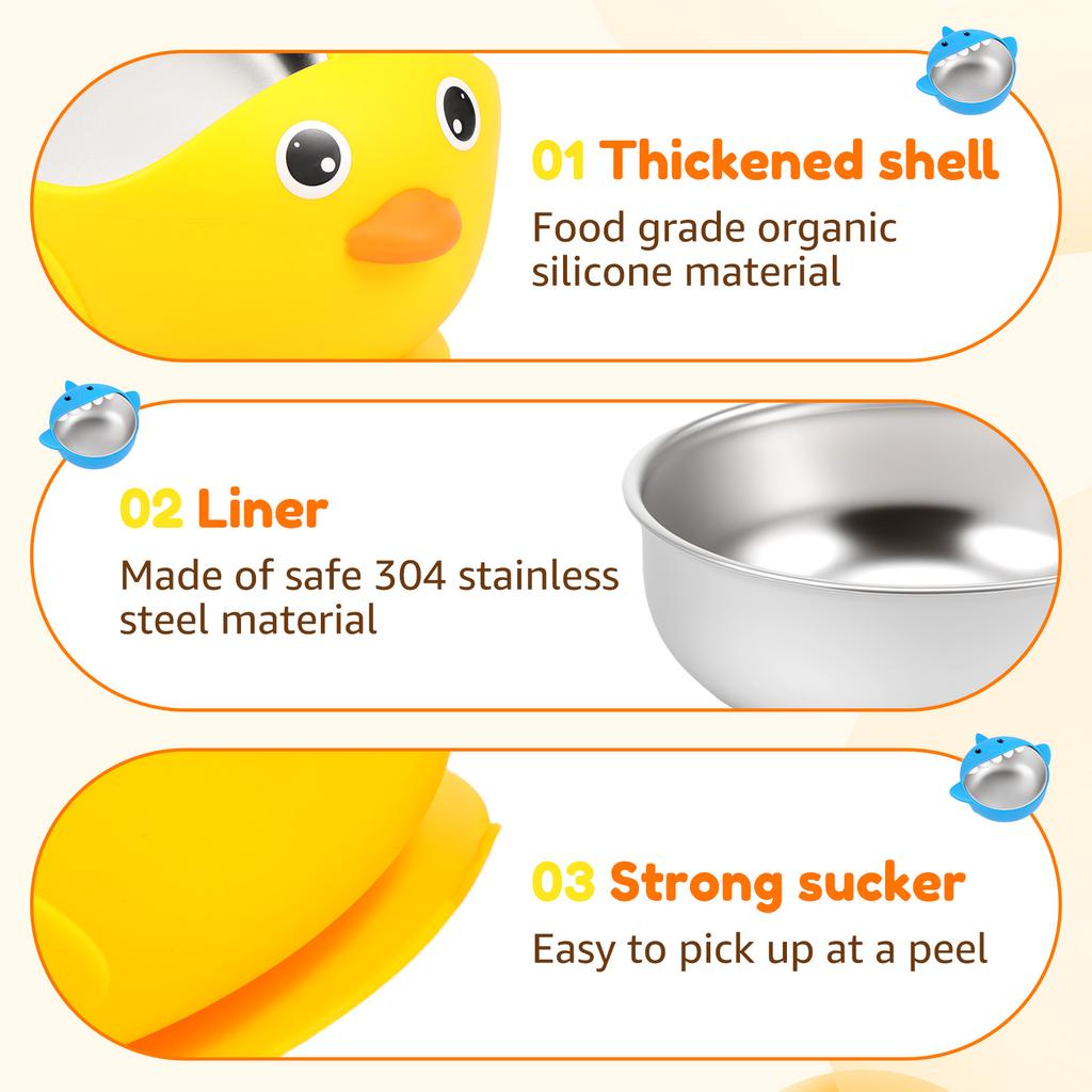 2 Pcs 304 Stainless Steel Baby Bowl with Suction and Silicone Sleeve Baby Bowls Cute Animal Design Toddler Bowl for Baby Feeding