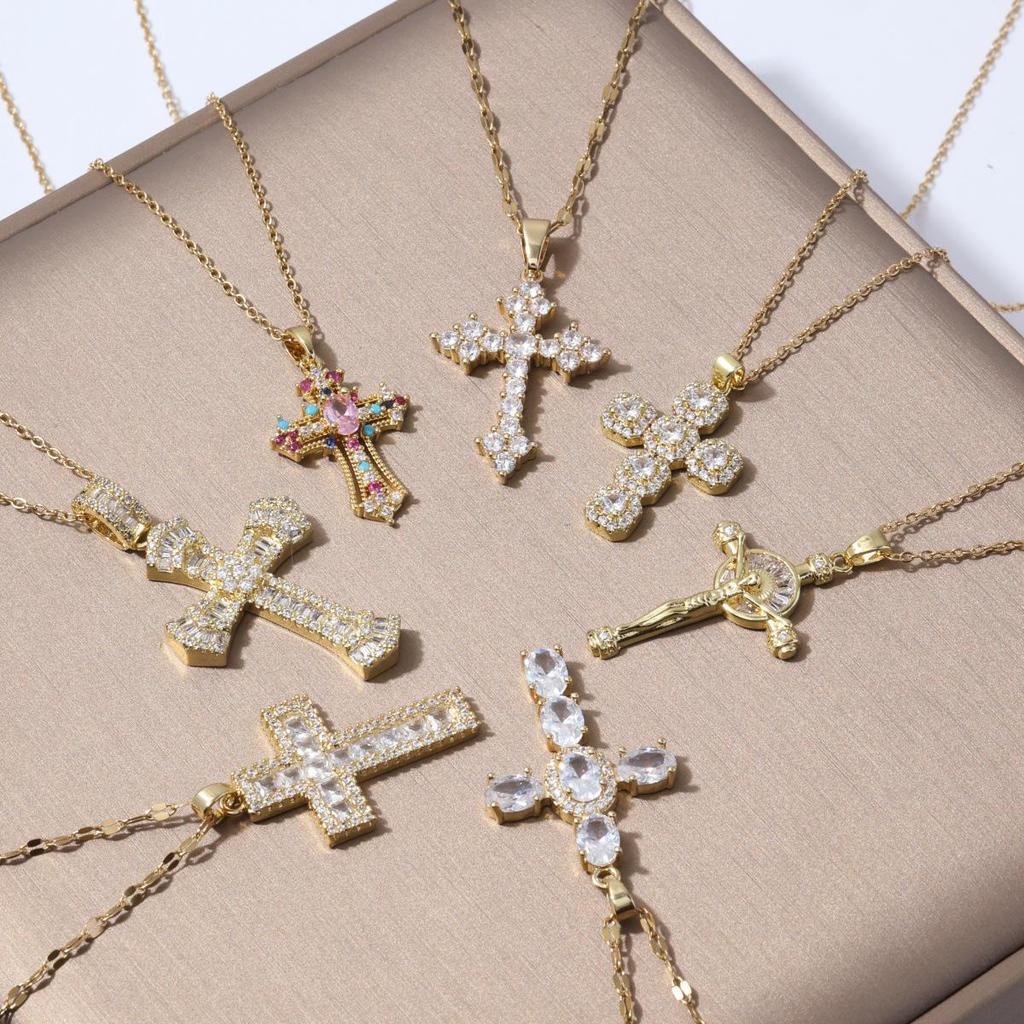 Damen Bunte Zirkon Kreuz Halskette - Nischendesign mit Voll-Diamant-Anhänger an Edelstahlkette