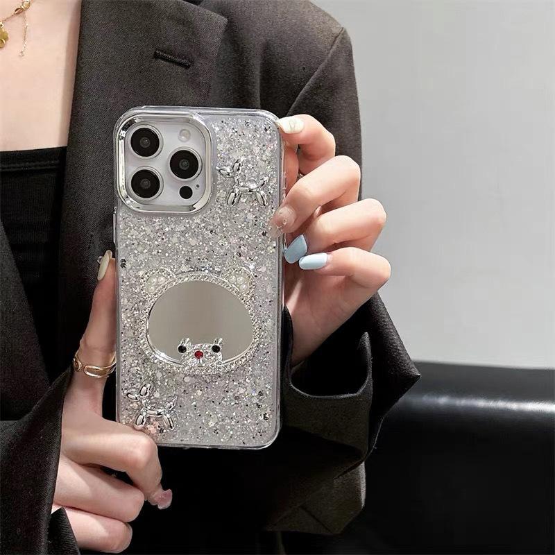 Bear Mirror Phone Case For Iphone17Promax Puppy Epoxy Sequins Apple 16 Internet Celebrity Female