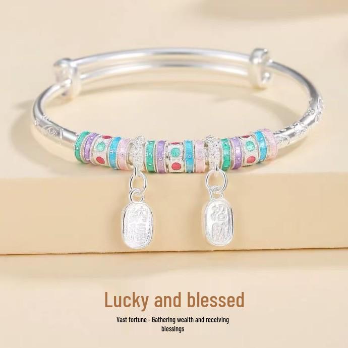 

Sterling Silver 999.9 Enamel Bracelet with Chán Jí Yán Wealth and Fortune Blessing Pendant, Ethnic Style Pure Silver Hand Ornament. 999.9 Pure Silver