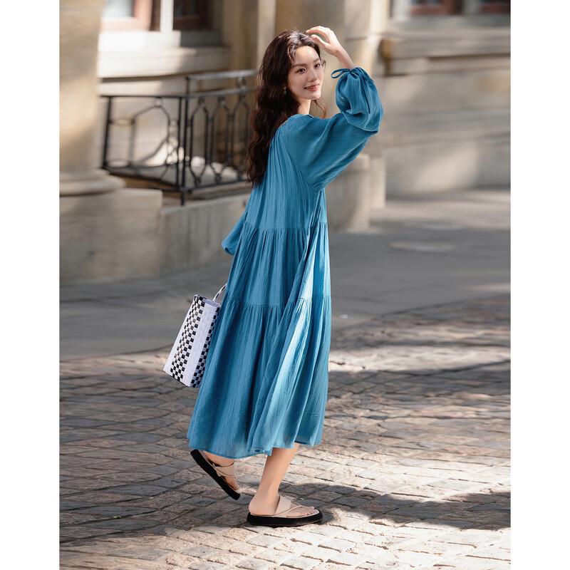 

Demana Blue Tone French Retro Pleated Mid-Length Dress L