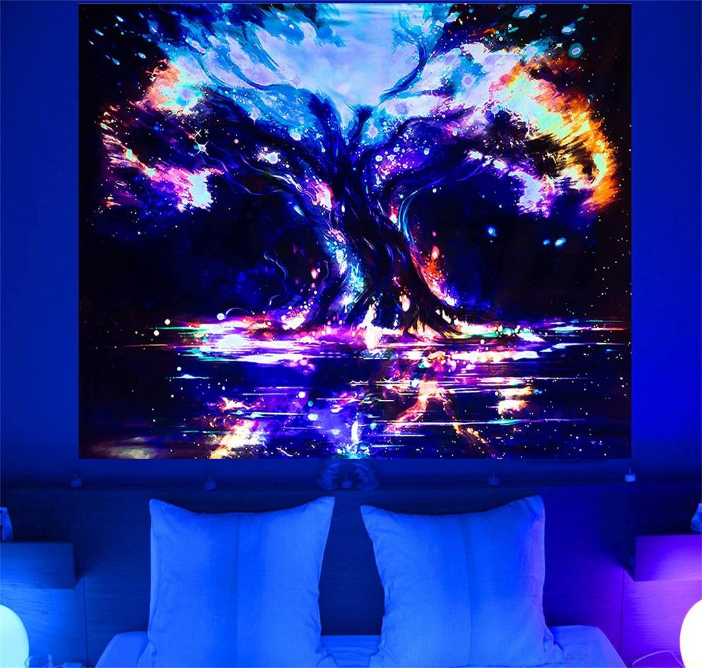 Tapeçaria fluorescente colorida psicodélica de luz negra da árvore da vida com resposta UV para pendurar na parede decoração de quarto hippie