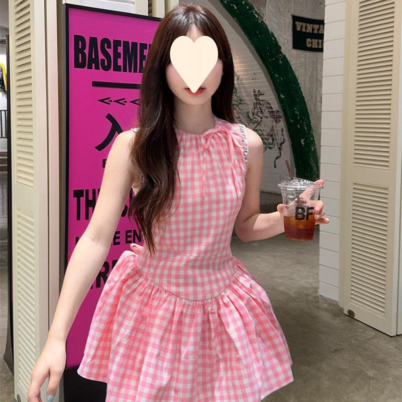 Design sense niche plaid vest sleeveless dress summer new cute girl waist strap a word short skirt