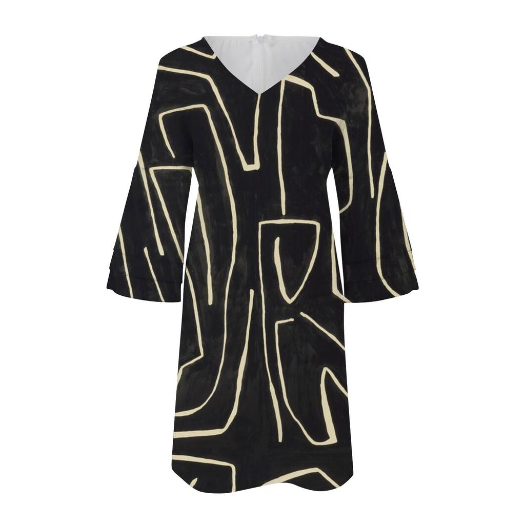 Women's Fashion Temperament Elegant Fresh Printed V-Neck 3/4 Sleeves  Dress