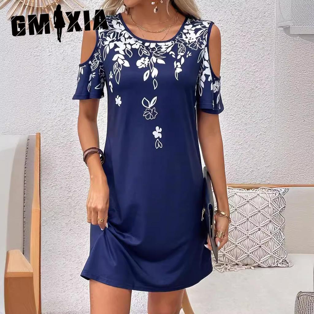 GMXIA Women's Summer Fashion Printed O-Neck Strapless Short Sleeve Midi Dresses
