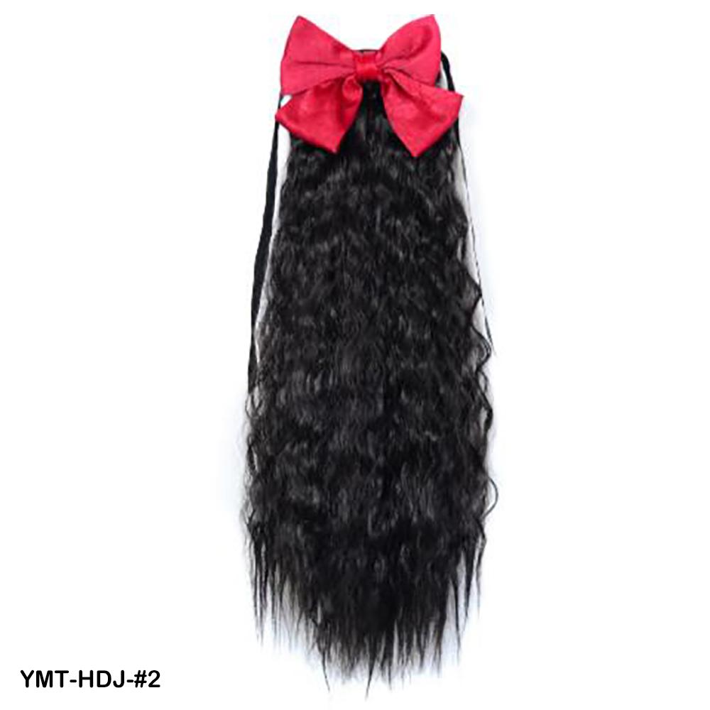 Bow Ponytail Hair Extensions Long Wavy Straight Synthetic Hairpiece with Red Bow for Women Girls Ladies Sweet Daily Party Use