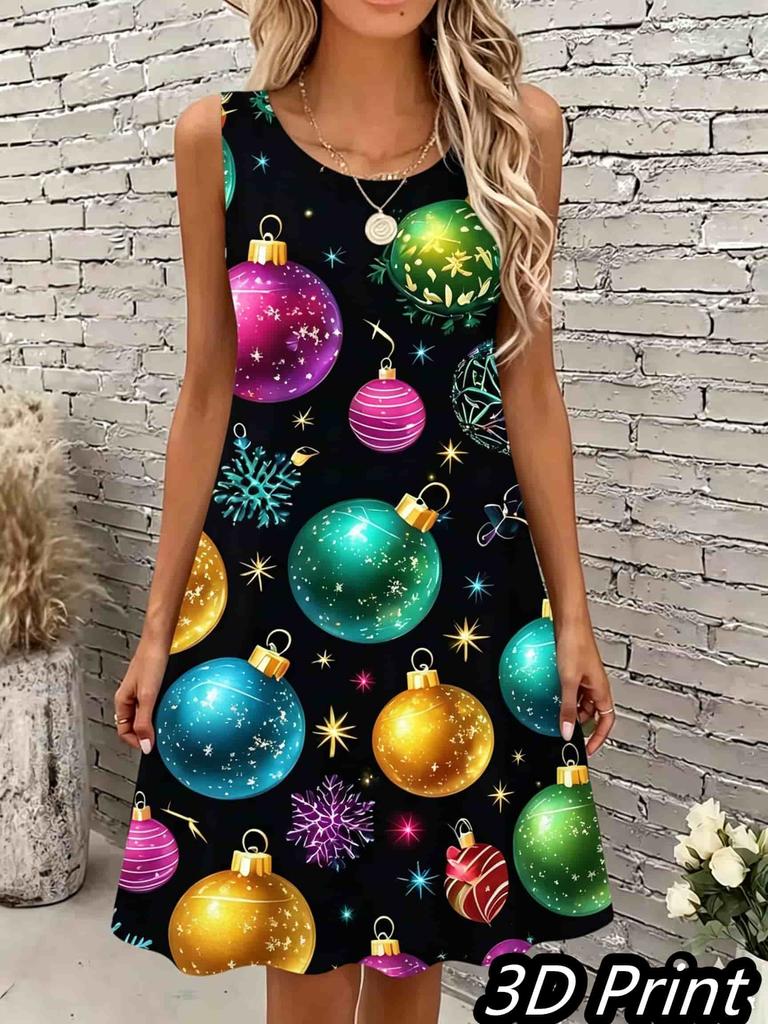Lässiges Damen Tanktop-Kleid Sommer Ärmellos O-Ausschnitt 3D-Druck Locker A-Linien-Kleid Strand-Westenkleid