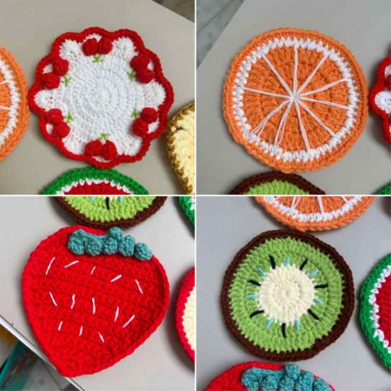 Hand Knitted Fruit Coasters Handmade Coaster, Crochet Watermelon Orange Strawberry Kiwi Cherry Small Wool Mats for Coffee Cups Cup Mat, Heat