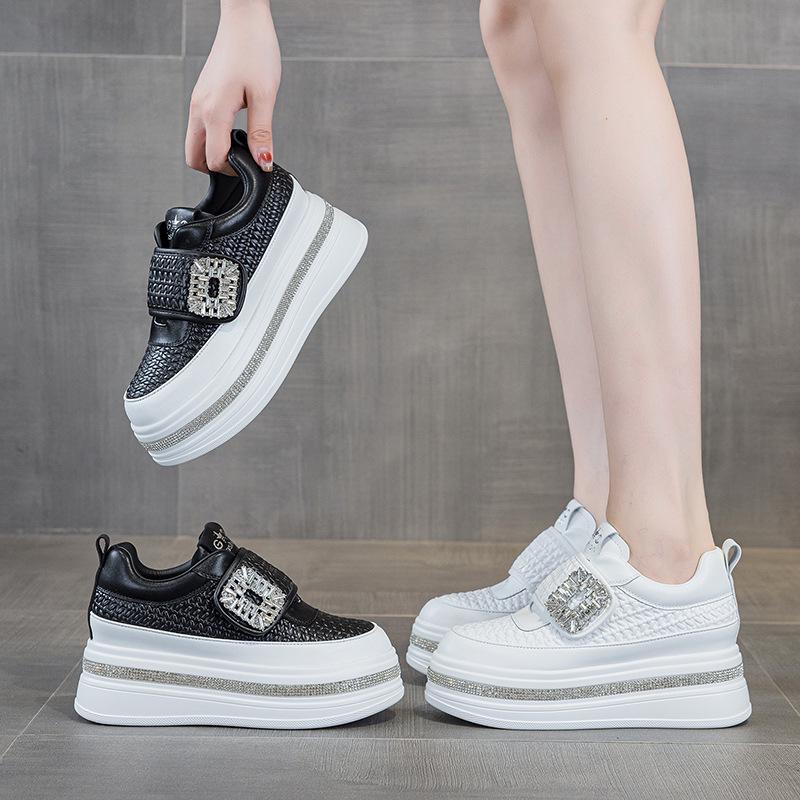 2025 Autumn Women's Rhinestone Sneakers - Petite Height Boost, Magic Tape Closure, Casual Trendy Thick Sole, White