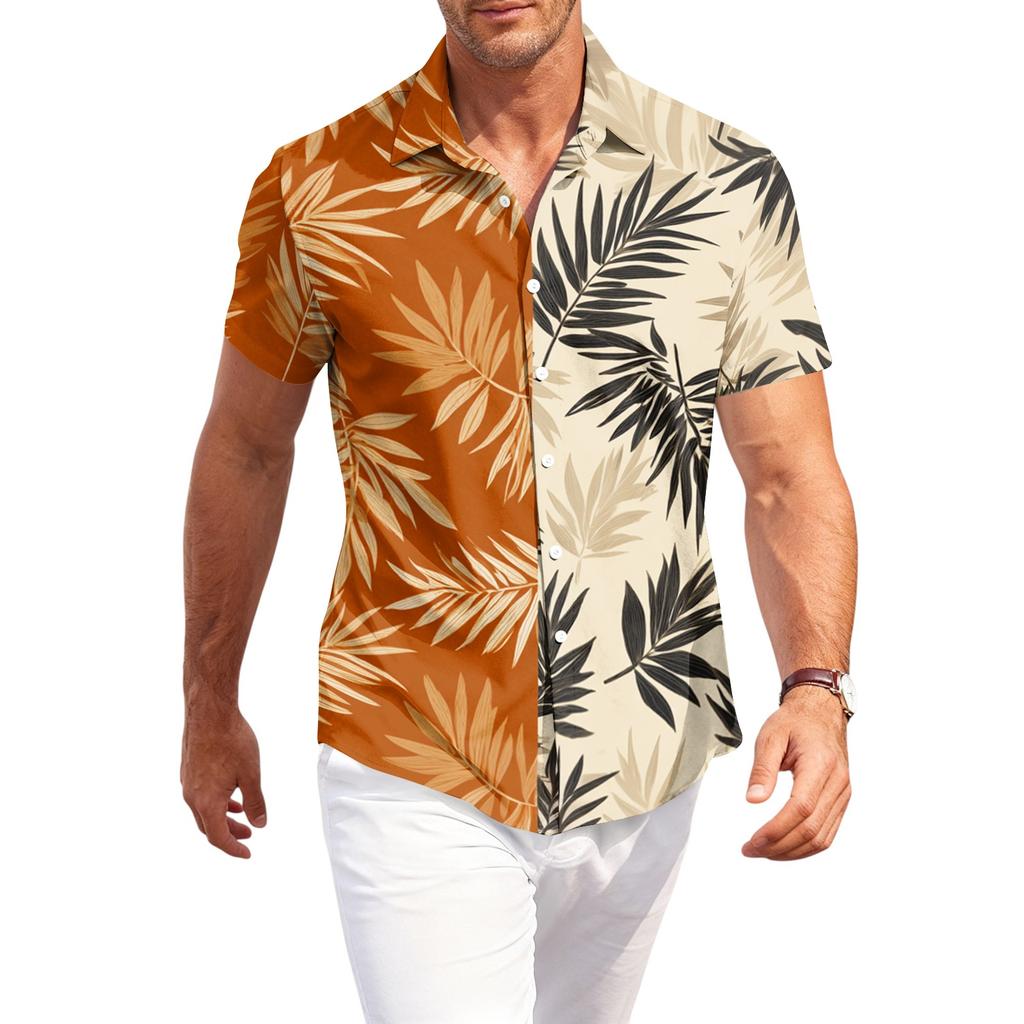 Men's Casual Loose Fit Short Sleeve Shirt Hawaiian Style Button Down Tropical Leaf Print Summer Beachwear Shirt