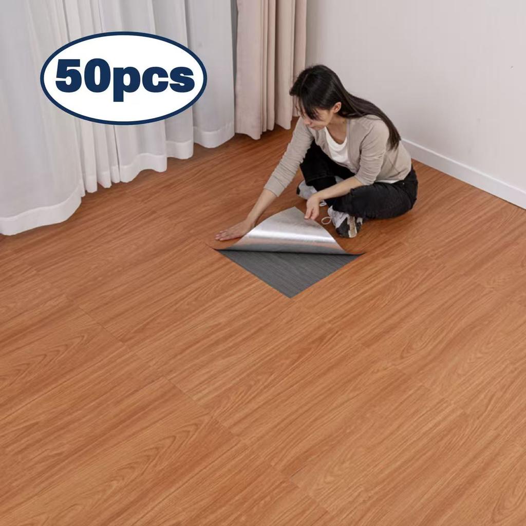NINETAI Peel And Stick Floor Tile, 50pcs Vinyl Plank Wood Grain Look 11.81in*11.81in/48 Sq.Ft, Kitchen Mats For Floor