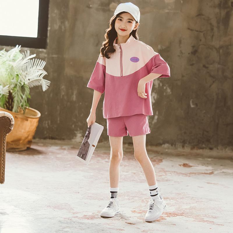 

Летний комплект одежды для маленьких девочек, детские лоскутные футболки и шорты на молнии, костюм из 2 предметов, детский спортивный костюм с короткими рукавами, верхом и низом 120 розовый