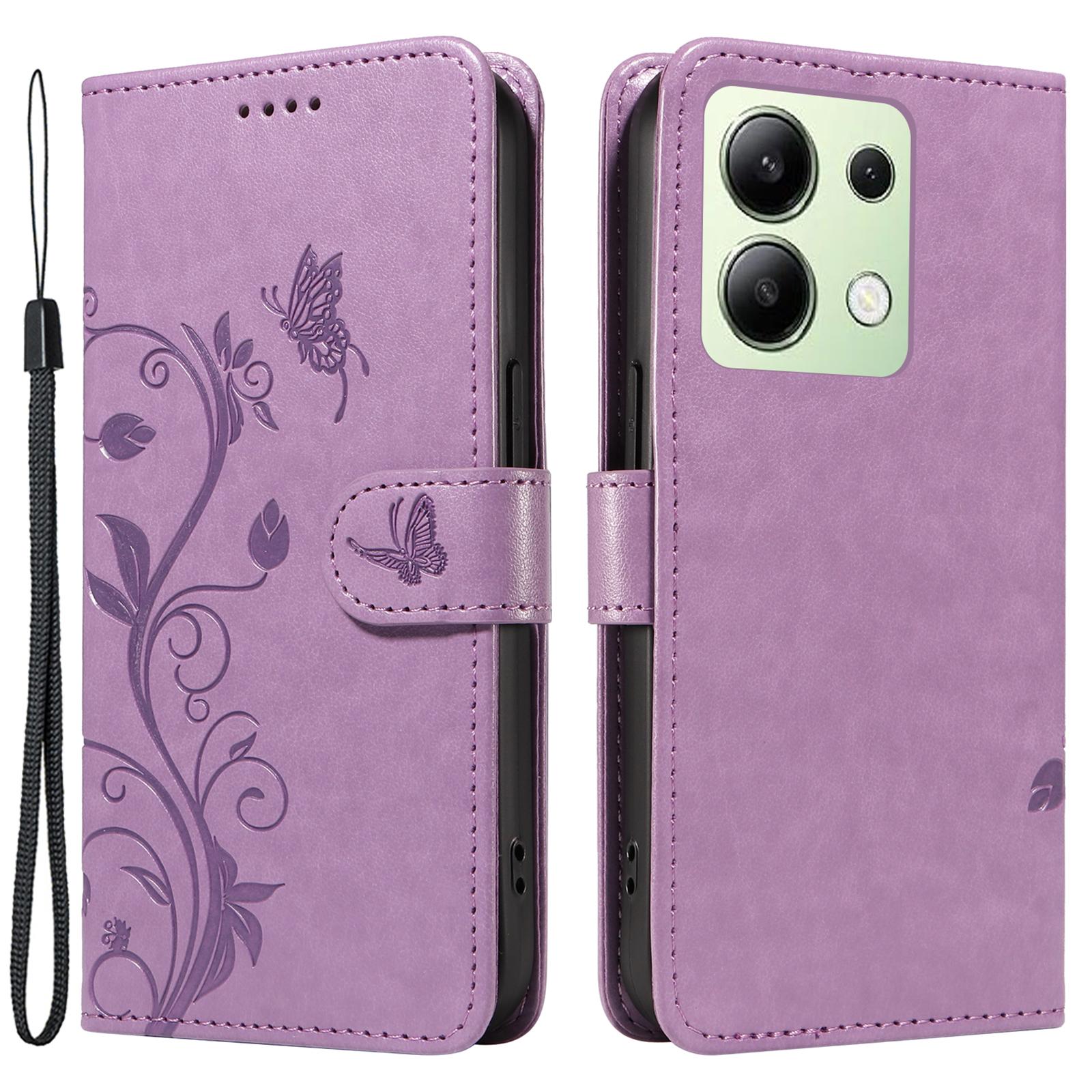 

For Xiaomi Redmi Note 13 4G PU Leather Cases Flower Pattern Wallet Stand Phone Cover with Strap Purple