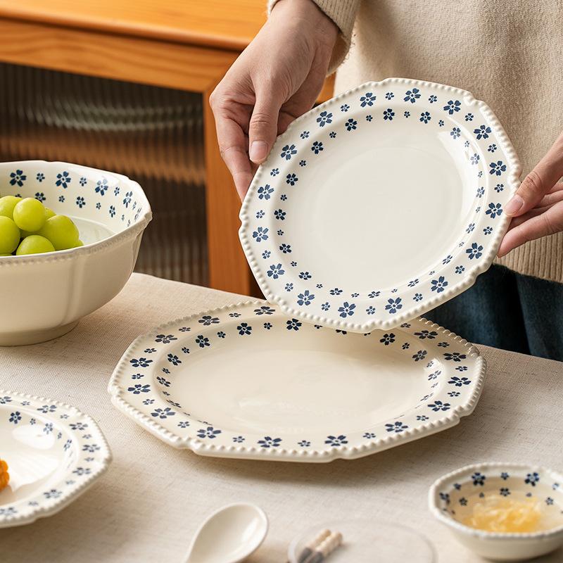 Retro Bead Point Blue Cherry Blossom Ceramic Tableware Small Fresh Household High Value Rice Bowl Vegetable Plate Niche Bowl Set