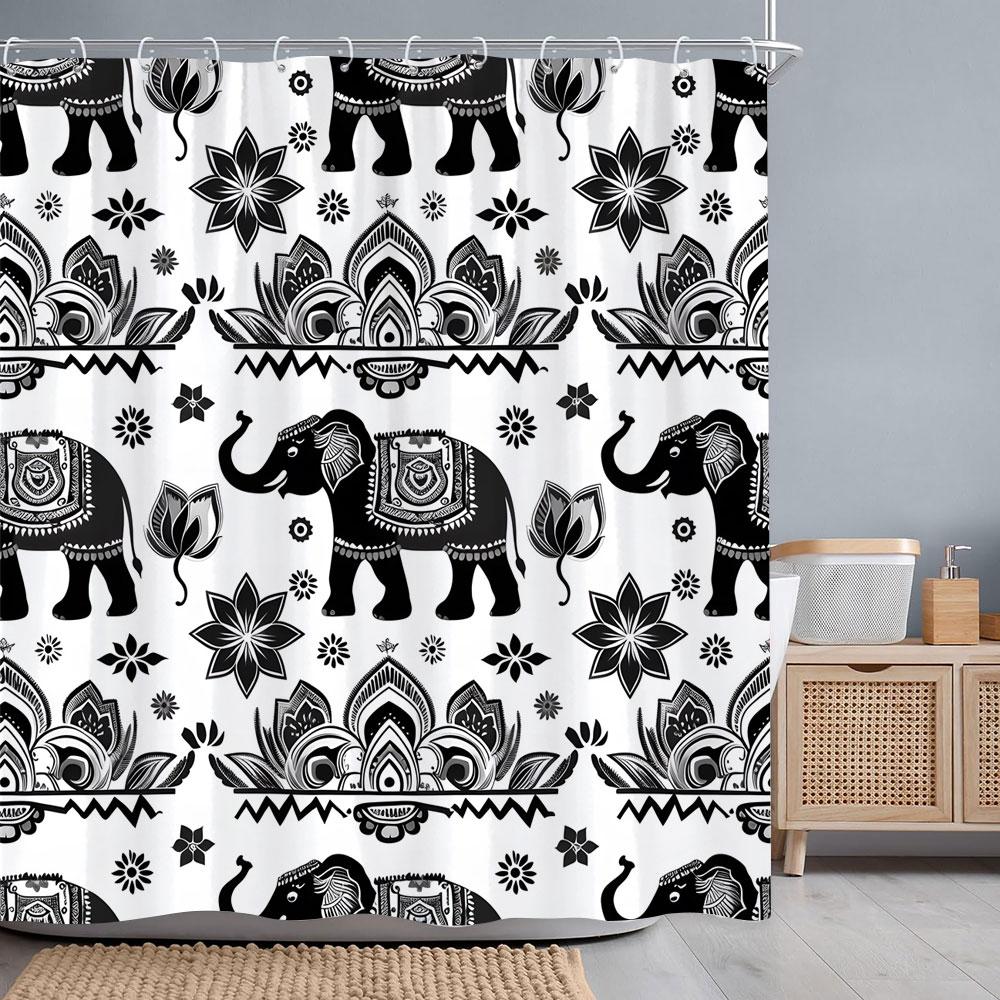 Black and White Elephant Shower Curtain Vintage Bohemian Floral Polyester Fabric Printed Bath Curtains Bathroom Decor with Hooks