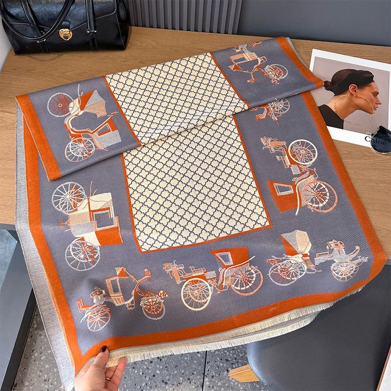 Imitation Cashmere Scarf Retro Style Old-Fashioned Car Contrasting Color Double-Sided Personalized High-Grade Warm Shawl