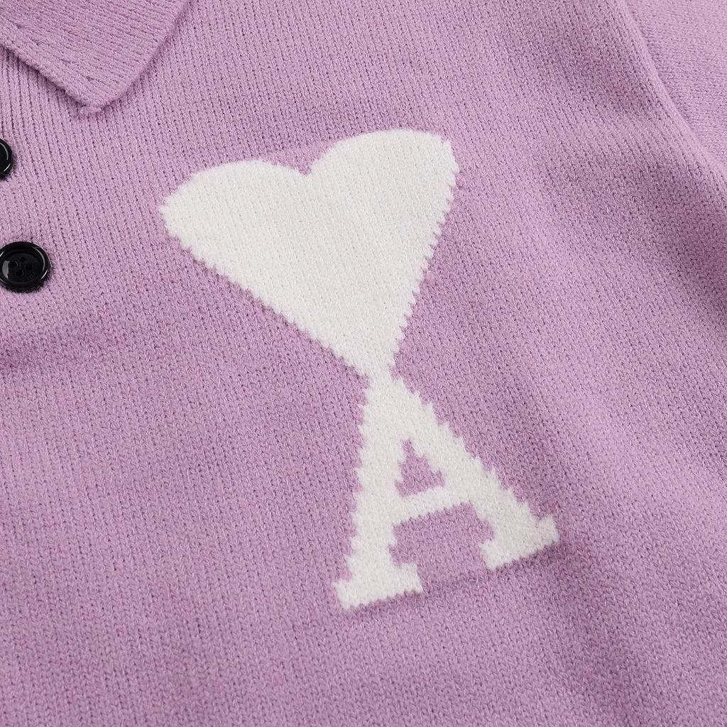 Maglione Unisex in Maglia con Collo a Polo Multicolore con Ricamo a Cuore e A Pullover Casual con Bottoni per Uomo Donna