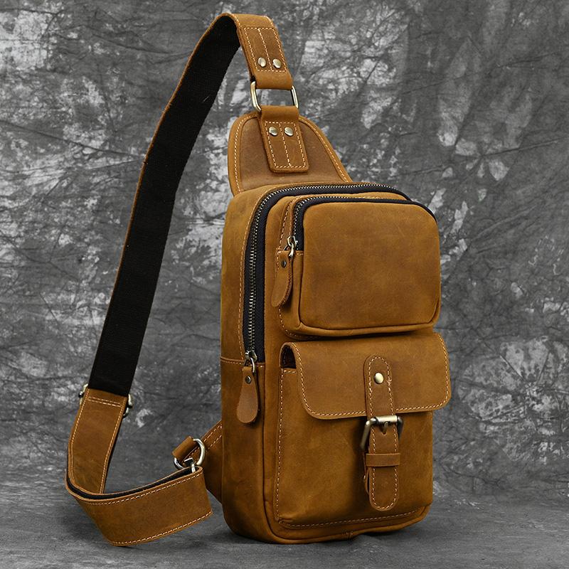 Neue Mode Herren Brusttasche Einzelne Schulter Rucksack Tasche Crossbody Brusttasche Vintage Stil Männliche Reise Taschen Echtes Leder Heiß