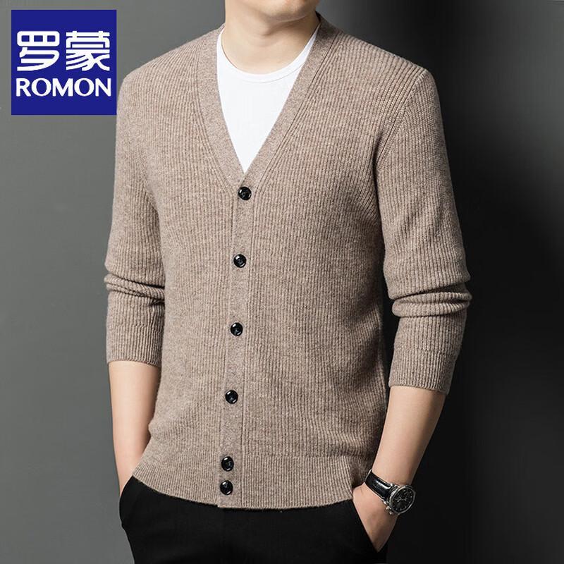 ROMON Men's 100% Wool V-Neck Cardigan Sweater