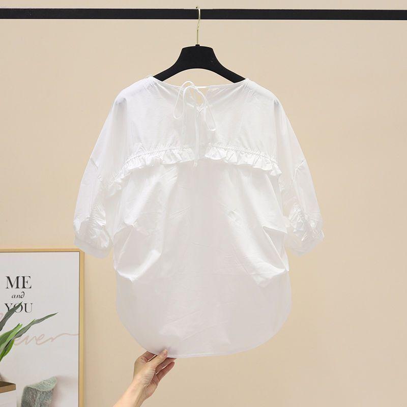 

Белая рубашка женская с короткими рукавами летняя свободная модная рубашка с рукавами-фонариками L