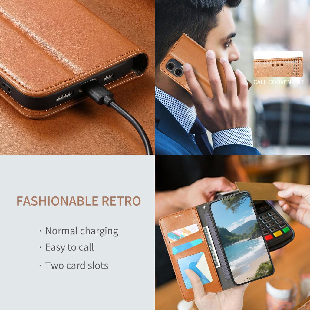 Multifunktionales Vintage-Luxus-Etui für Motorola Moto E15/G05/G15/G75/G85...Ständer + Kartenfach + Rutschfeste Handschlaufe | Wildleder & Leder (4 Farben)