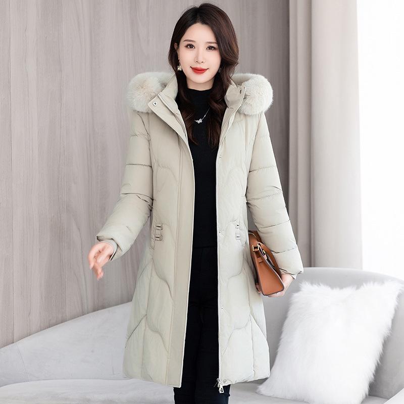 Women's Winter Cotton Coat - Mid-Length Korean Style with Waist-Hugging Design, Thick Padding, and Large Fur Collar.