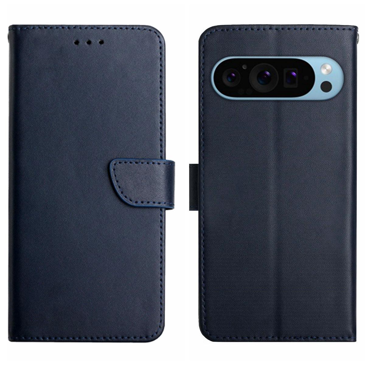 

HT02 For Google Pixel 9 Pro XL Case Genuine Cow Leather Phone Cover Nappa Texture Blue